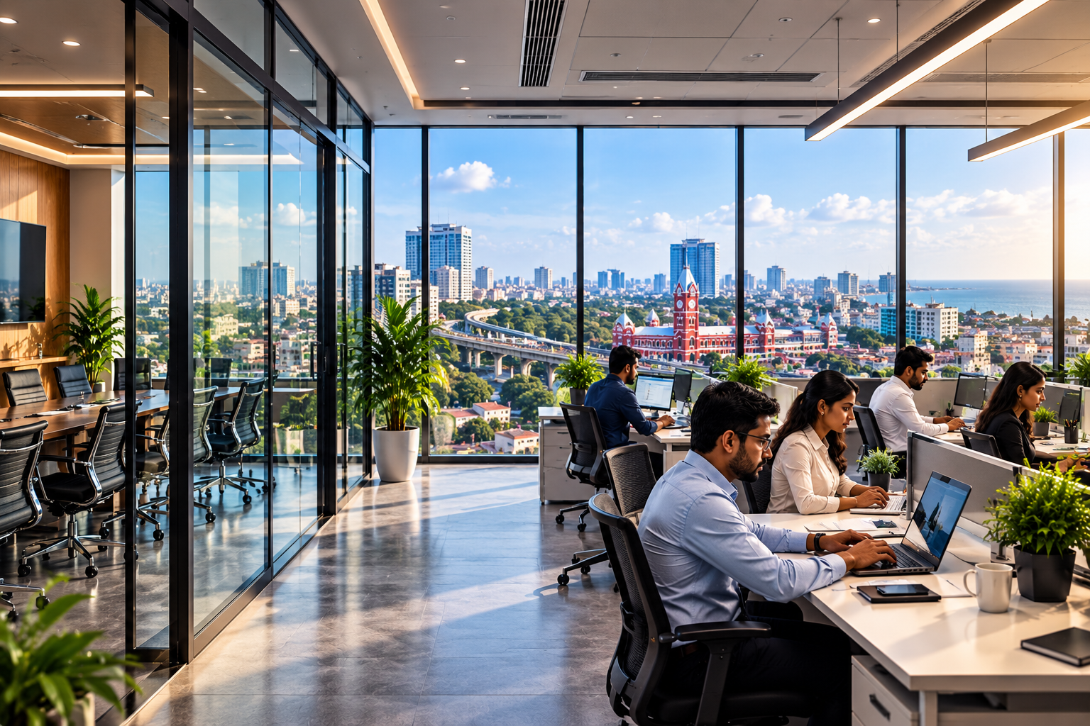 Business team working in a modern office overlooking the city