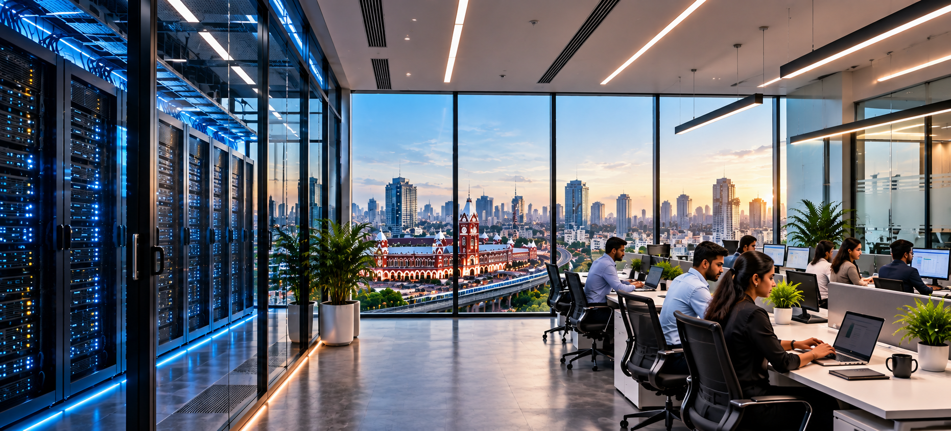 Enterprise office with server infrastructure and city skyline